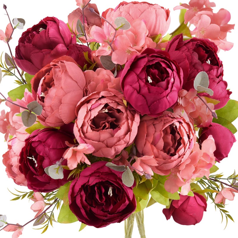 FiveSeasonStuff Country Barn Red Peony Bouquets, 2 Bundles Artificial Silk Flowers with Hydrangeas for Wedding Centerpieces & Home Decor - Image 1